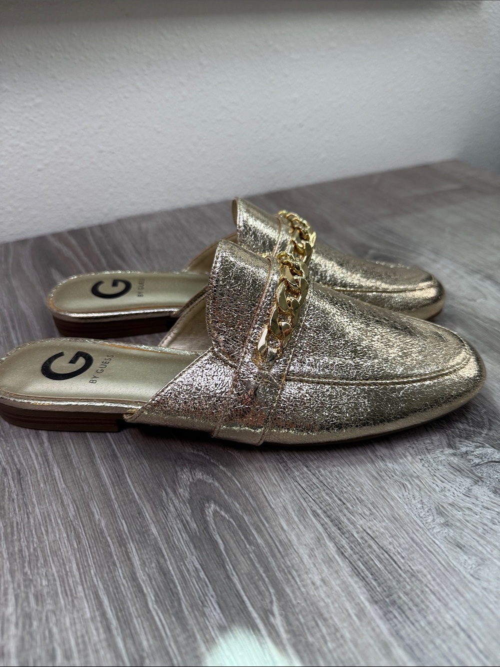 G by Guess Metallic Gold Chain-Trim Slip-On Mules